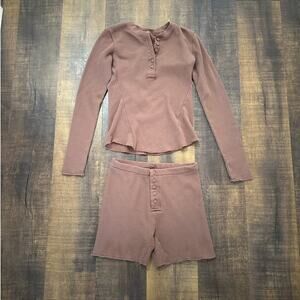 SKIMS Waffle Knit Henley Top & Shorts Lounge Set Size Large